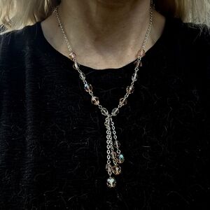 Elegant Silver and Pinkish Peach Crystal Bridesmaid Necklace and Bracelet